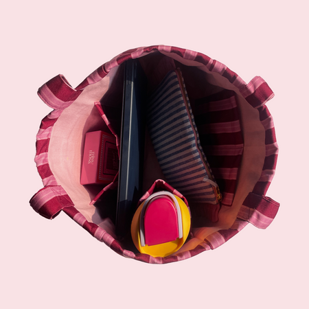 The Miss Mosa Tote Bag - Pink Striped - interior shot showing laptop and pouch, pink and maroon striped - Miss Mosa By Akanksha