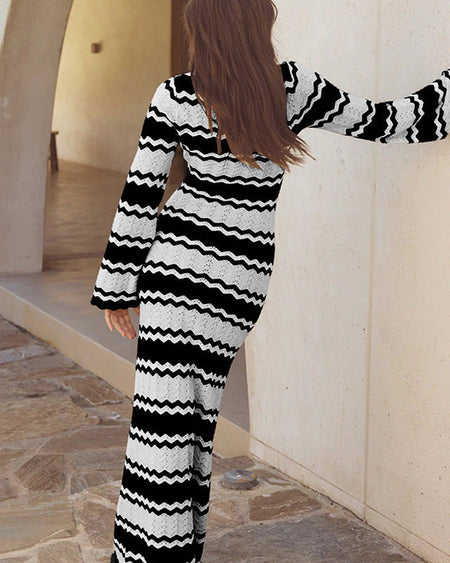 Thea Crochet Holiday Maxi Dress - back shot, black and white - Miss Mosa By Akanksha