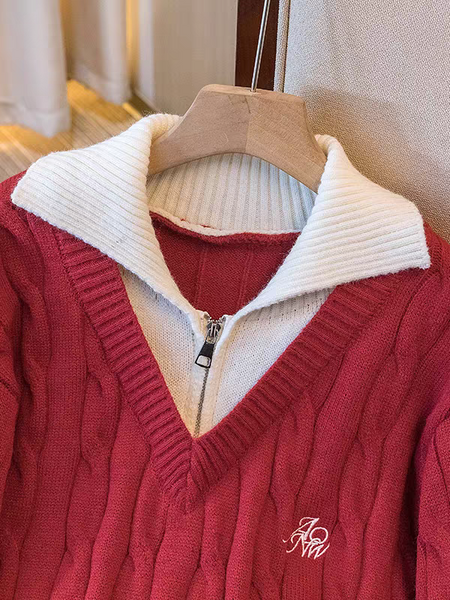 Thea Luxe Zipper Pullover - collar detail shot, wine red with white collar - Miss Mosa By Akanksha