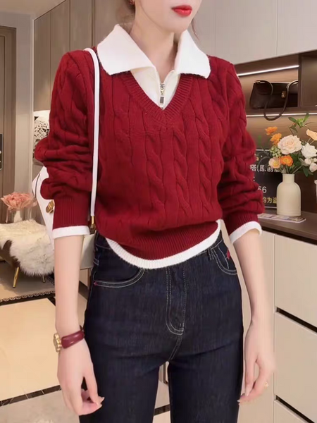 Thea Luxe Zipper Pullover - styled shot, wine red with white collar - Miss Mosa By Akanksha