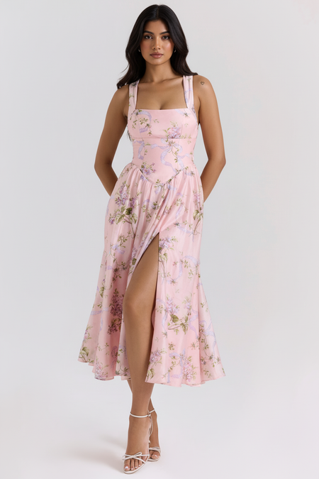 Thistle Summer Holiday Midi Dress In Pink - front shot on model - Miss Mosa By Akanksha
