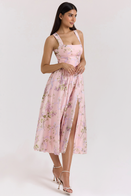 Thistle Summer Holiday Midi Dress In Pink - side shot on model - Miss Mosa By Akanksha