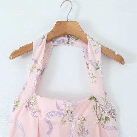 Thistle Summer Holiday Midi Dress In Pink - close-up of halter neckline on hanger - Miss Mosa By Akanksha