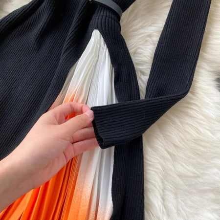 Tiana Pleated Woolen Dress In Black - close-up of pleated panel, black - Miss Mosa By Akanksha