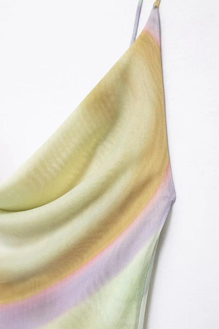 Tie And Dye Summer Holiday Dress In Multicolour - close-up of bodice drape detail - Miss Mosa By Akanksha