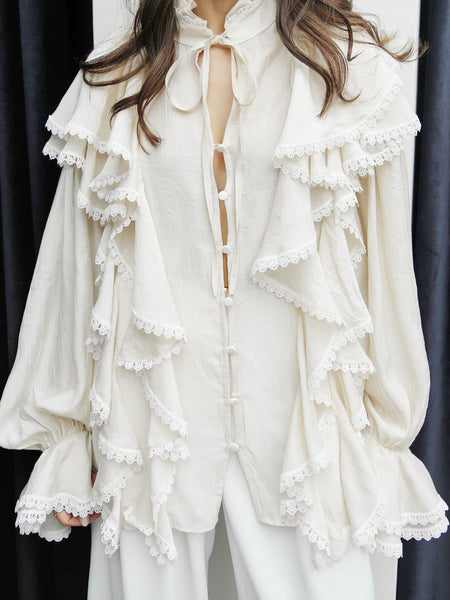 Tolan Ruffle Summer Top - close-up shot, cream with white lace trim - Miss Mosa By Akanksha