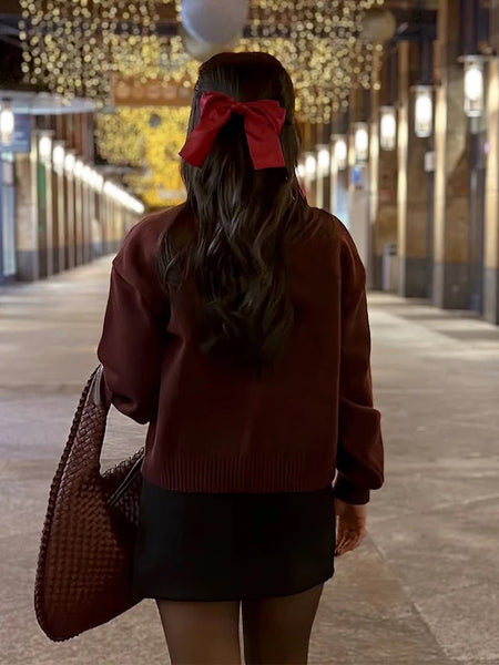 Topaz Bow Oversized Cardigan In Red - back shot on model - Miss Mosa By Akanksha
