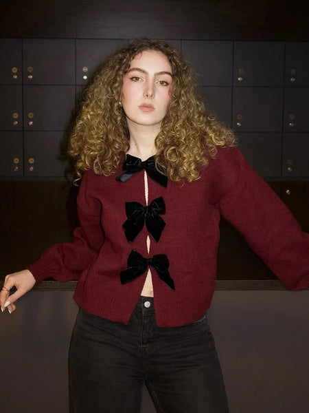 Topaz Bow Oversized Cardigan In Red - front shot on model - Miss Mosa By Akanksha