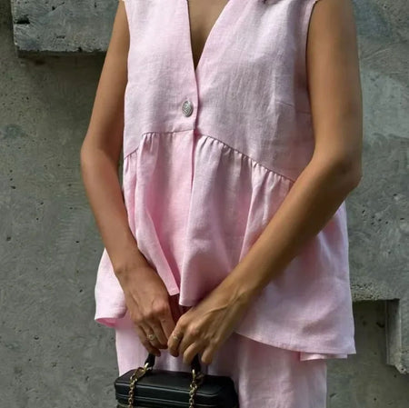 Tracy Summer Coord Set In Pink - close-up of peplum top detail on model - Miss Mosa By Akanksha