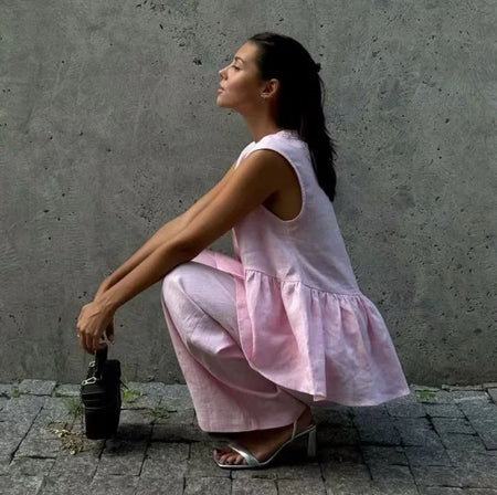 Tracy Summer Coord Set In Pink - side shot on model crouching - Miss Mosa By Akanksha