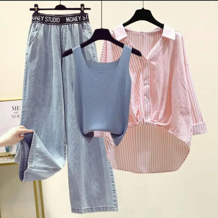 Trexa Summer Coord-Set of 3 - flat-lay product shot of three-piece set on hangers, denim blue grey and pink - Miss Mosa By Akanksha