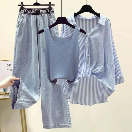 Trexa Summer Coord-Set of 3 - flat-lay product shot of three-piece set on hangers, denim blue grey and blue stripe - Miss Mosa By Akanksha