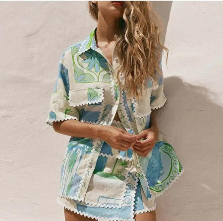 Trixie Printed Summer Coord In Blue - front shot on model of printed coord set - Miss Mosa By Akanksha
