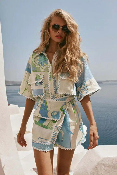 Trixie Printed Summer Coord In Blue - full-length front shot on model of printed coord set - Miss Mosa By Akanksha