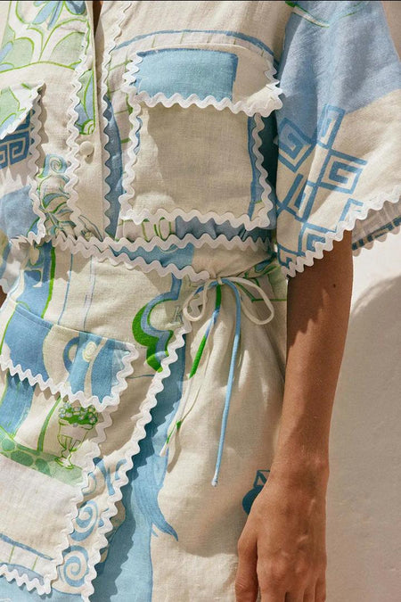 Trixie Printed Summer Coord In Blue - close-up of print and trim detail - Miss Mosa By Akanksha