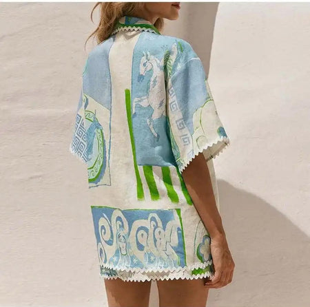 Trixie Printed Summer Coord In Blue - back shot on model of printed coord set - Miss Mosa By Akanksha