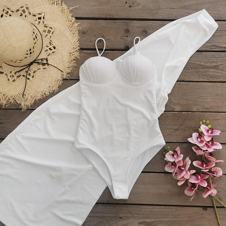 Trope Luxe Swimsuit With Coverup In White - flat-lay product shot with hat and flowers - Miss Mosa By Akanksha