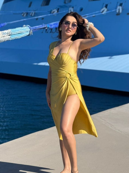 Trope Luxe Swimsuit With Coverup In Yellow - front shot on model at marina - Miss Mosa By Akanksha