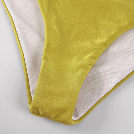 Trope Luxe Swimsuit With Coverup In Yellow - close-up of leg-line detail - Miss Mosa By Akanksha
