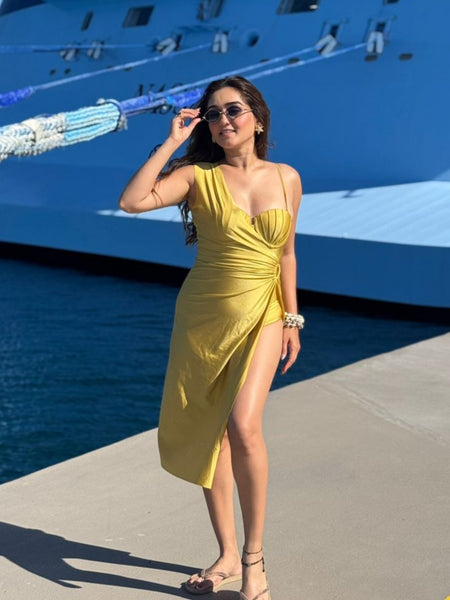 Trope Luxe Swimsuit With Coverup In Yellow - front shot on model at marina - Miss Mosa By Akanksha