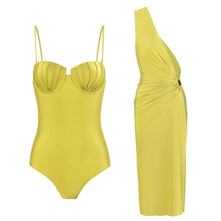 Trope Luxe Swimsuit With Coverup In Yellow - flat-lay product shot of swimsuit and coverup - Miss Mosa By Akanksha