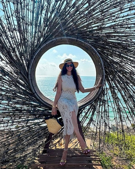 Tropez Crochet Holiday Coord - Resortwear In Beige - lifestyle shot on model, beige - Miss Mosa By Akanksha