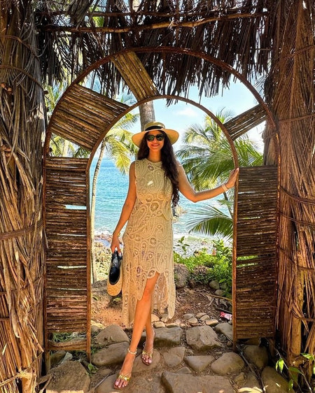 Tropez Crochet Holiday Coord - Resortwear In Beige - lifestyle shot on model, beige - Miss Mosa By Akanksha