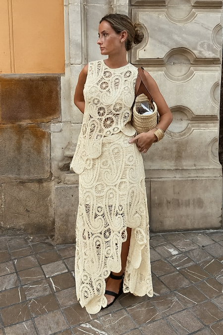 Tropez Crochet Holiday Coord - Resortwear In Beige - full-length shot on model, beige - Miss Mosa By Akanksha