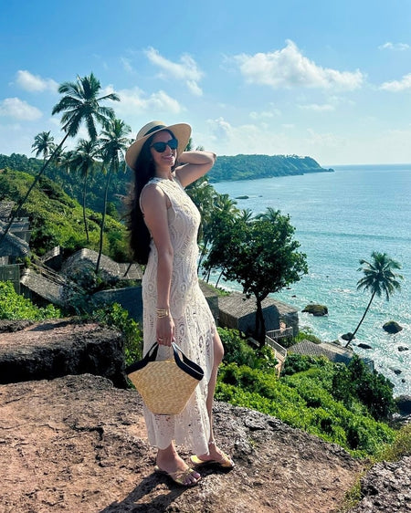 Tropez Crochet Holiday Coord - Resortwear In Beige - lifestyle shot on model, white - Miss Mosa By Akanksha