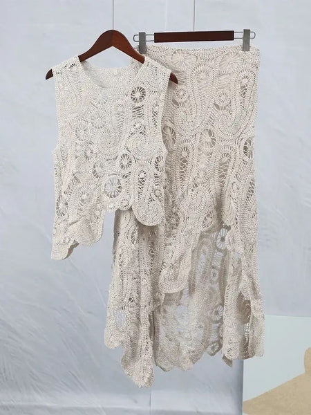 Tropez Crochet Holiday Coord - Resortwear In Beige - hanging product shot, beige - Miss Mosa By Akanksha