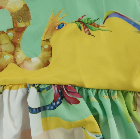 Tropical Printed Holiday Dress In Multicolour - close-up shot of print detail on model - Miss Mosa By Akanksha