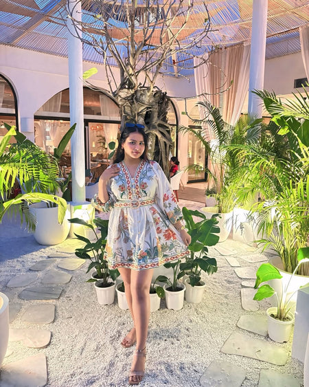 Tropical Vintage Dress with Belt - lifestyle shot on model, white - Miss Mosa By Akanksha