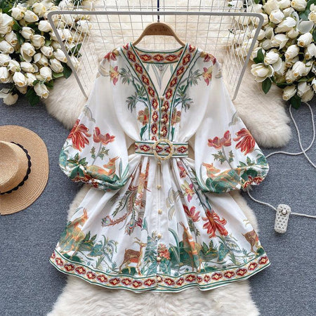 Tropical Vintage Dress with Belt - front shot on hanger, white - Miss Mosa By Akanksha