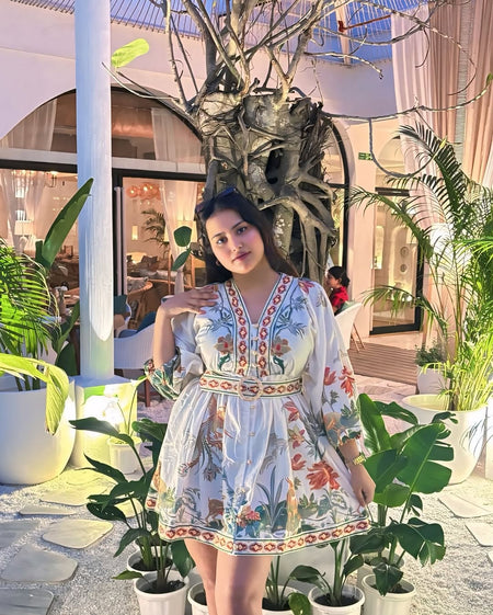 Tropical Vintage Dress with Belt - lifestyle shot on model, white - Miss Mosa By Akanksha