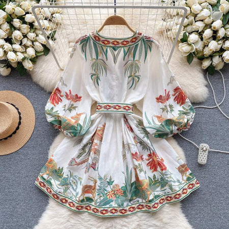 Tropical Vintage Dress with Belt - front shot on hanger, white - Miss Mosa By Akanksha