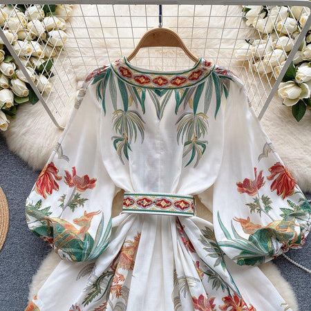 Tropical Vintage Dress with Belt - close-up of bodice, white - Miss Mosa By Akanksha