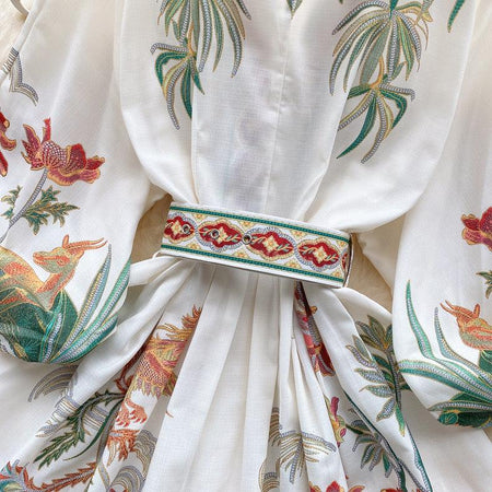 Tropical Vintage Dress with Belt - close-up of belt, white - Miss Mosa By Akanksha