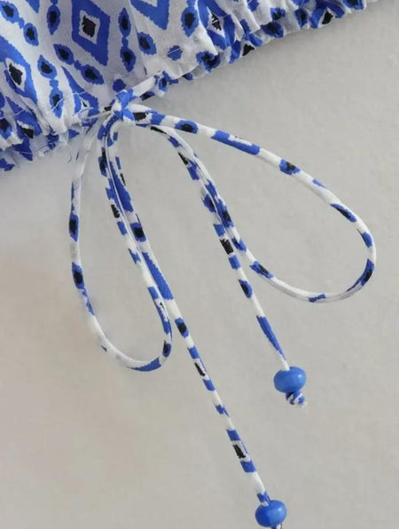 Troy Summer Coord Set In Blue - close-up of tie detail - Miss Mosa By Akanksha