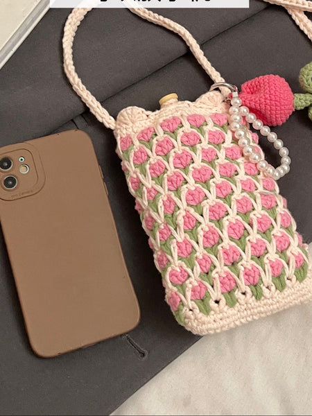 Tulip Crochet Sling Bag - flat-lay shot, cream with pink and green tulip pattern - Miss Mosa By Akanksha