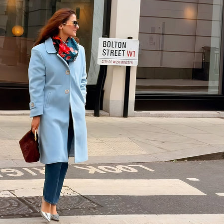 Tuscany Formal Coats - side shot on model, blue - Miss Mosa By Akanksha