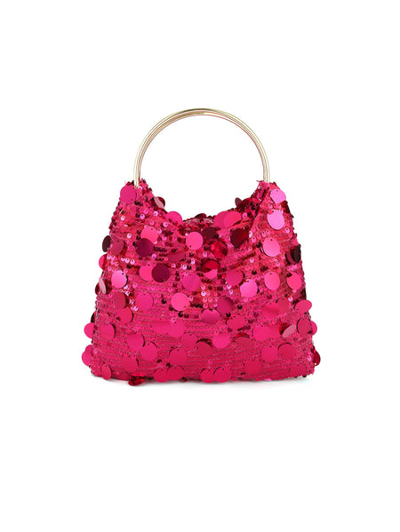 Twinkle Sequin Hand Bag - front shot, hot pink sequin with gold ring handle - Miss Mosa By Akanksha