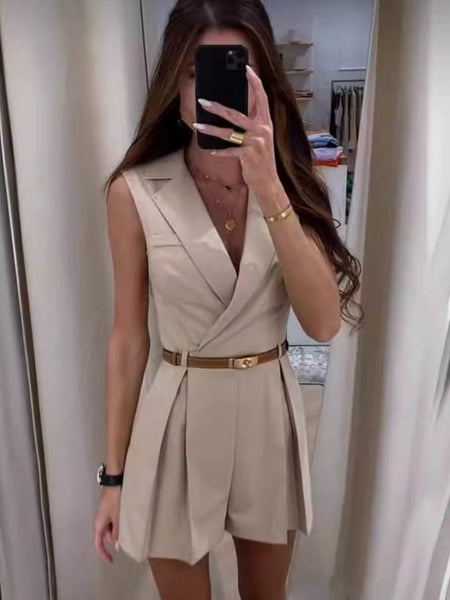 Vaco Statement Romper with belt - front shot on model, beige - Miss Mosa By Akanksha