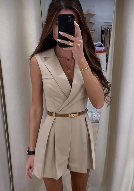 Vaco Statement Romper with belt - front shot on model, beige - Miss Mosa By Akanksha