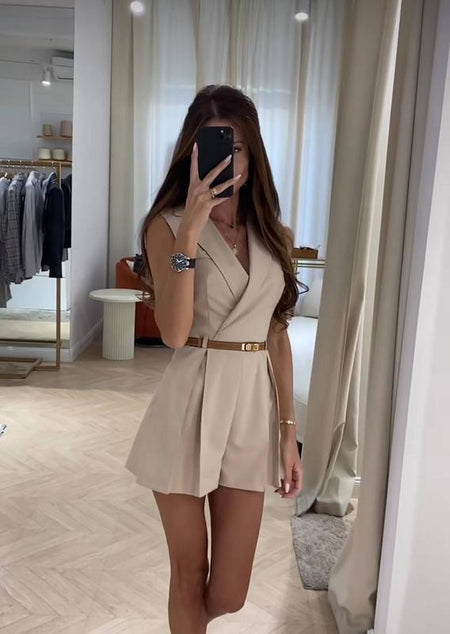 Vaco Statement Romper with belt - front shot on model, beige - Miss Mosa By Akanksha