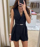 Vaco Statement Romper with belt - front shot on model, black - Miss Mosa By Akanksha