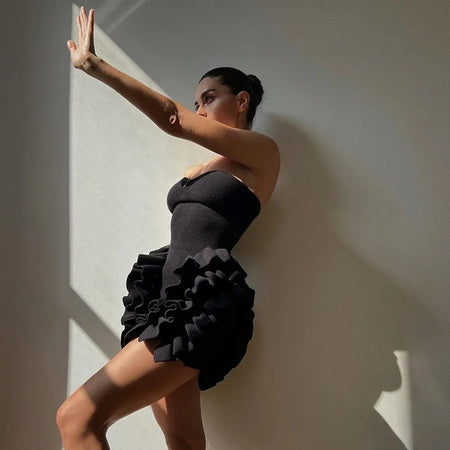 Vairo Offshoulder Ruffled Dress in Black - side shot on model, black - Miss Mosa By Akanksha