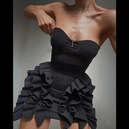 Vairo Offshoulder Ruffled Dress in Black - close-up shot on model, black - Miss Mosa By Akanksha