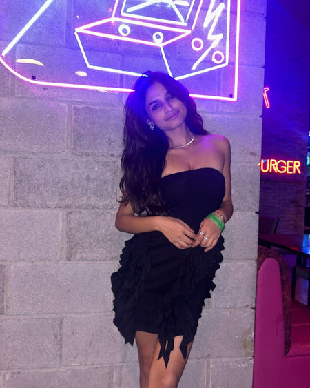 Vairo Offshoulder Ruffled Dress in Black - lifestyle shot on model, black - Miss Mosa By Akanksha
