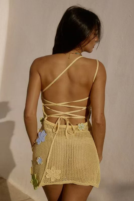 Valencia Crochet Holiday Mini Dress - back shot, yellow - Miss Mosa By Akanksha