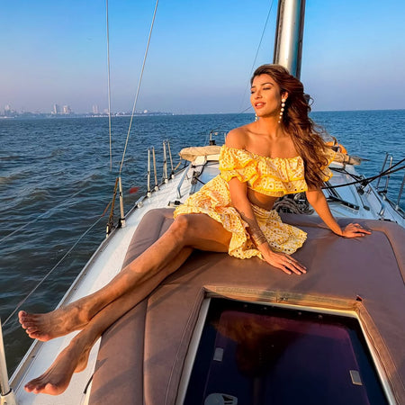 Valencia Luxe Yellow Co-ord Set In Yellow - lifestyle shot on model, yellow - Miss Mosa By Akanksha